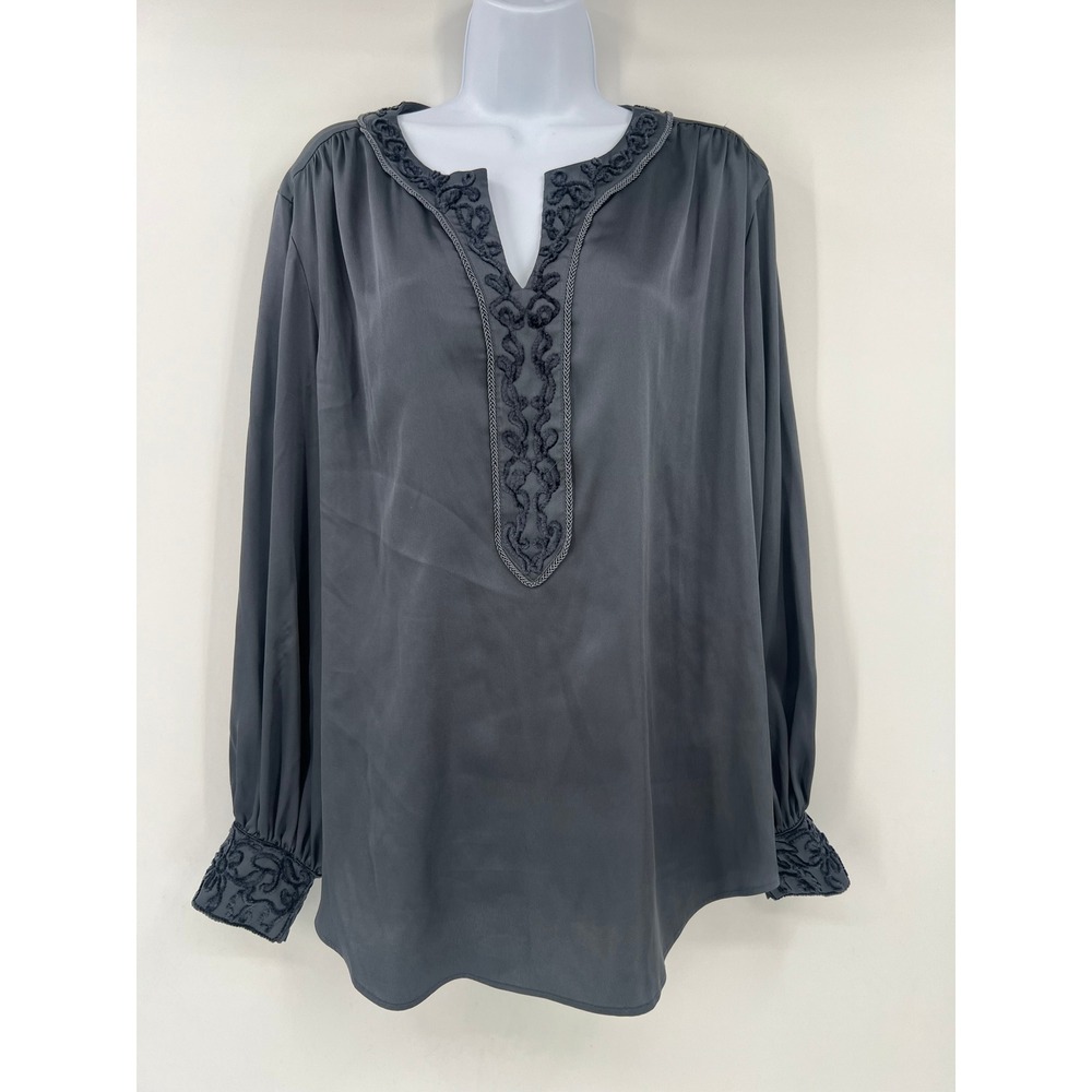 Chico's Gray Embroidered Split Neck Satin Blouse Long Sleeve Size 2 L 12/14